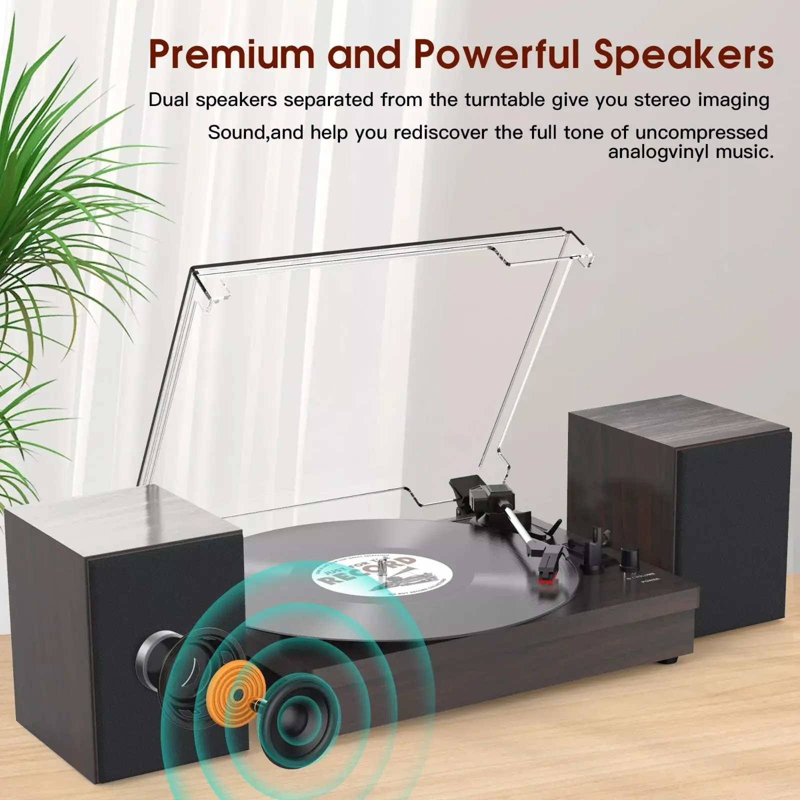Black Retro Vinyl Record Player External Stereo Speakers Bluetooth, USB & AUX Input - Image 2