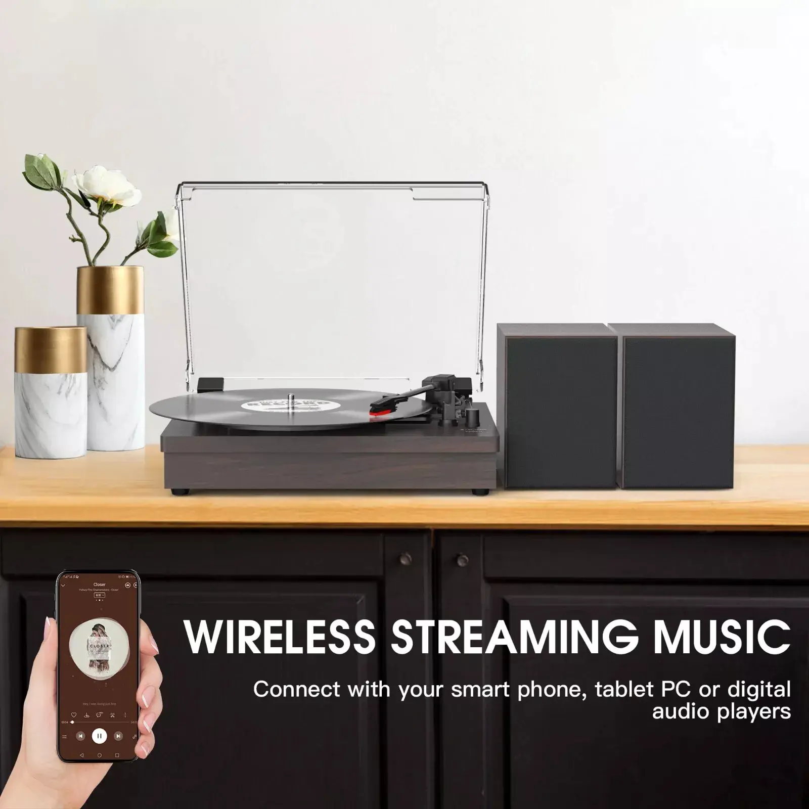 Black Retro Vinyl Record Player External Stereo Speakers Bluetooth, USB & AUX Input - Image 3
