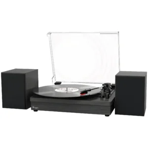 Black Retro Vinyl Record Player External Stereo Speakers Bluetooth, USB & AUX Input