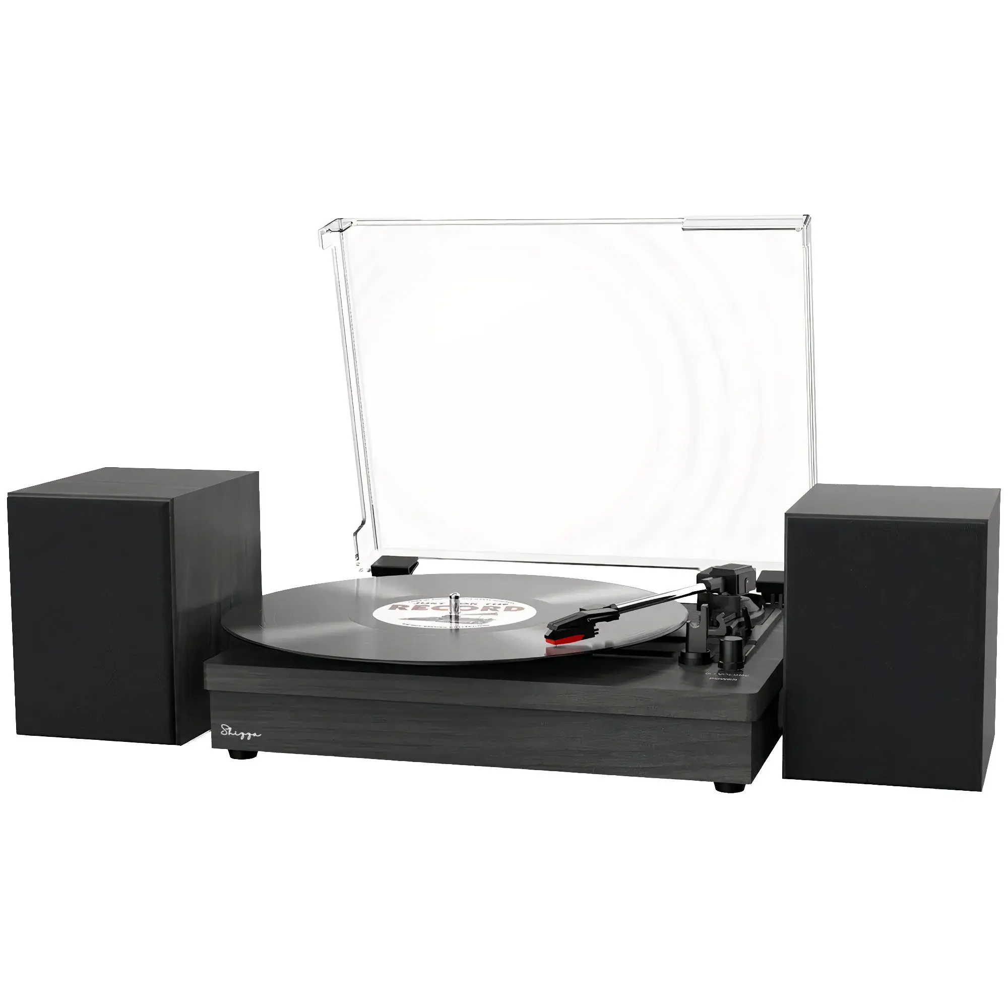 Black Retro Vinyl Record Player External Stereo Speakers Bluetooth, USB & AUX Input