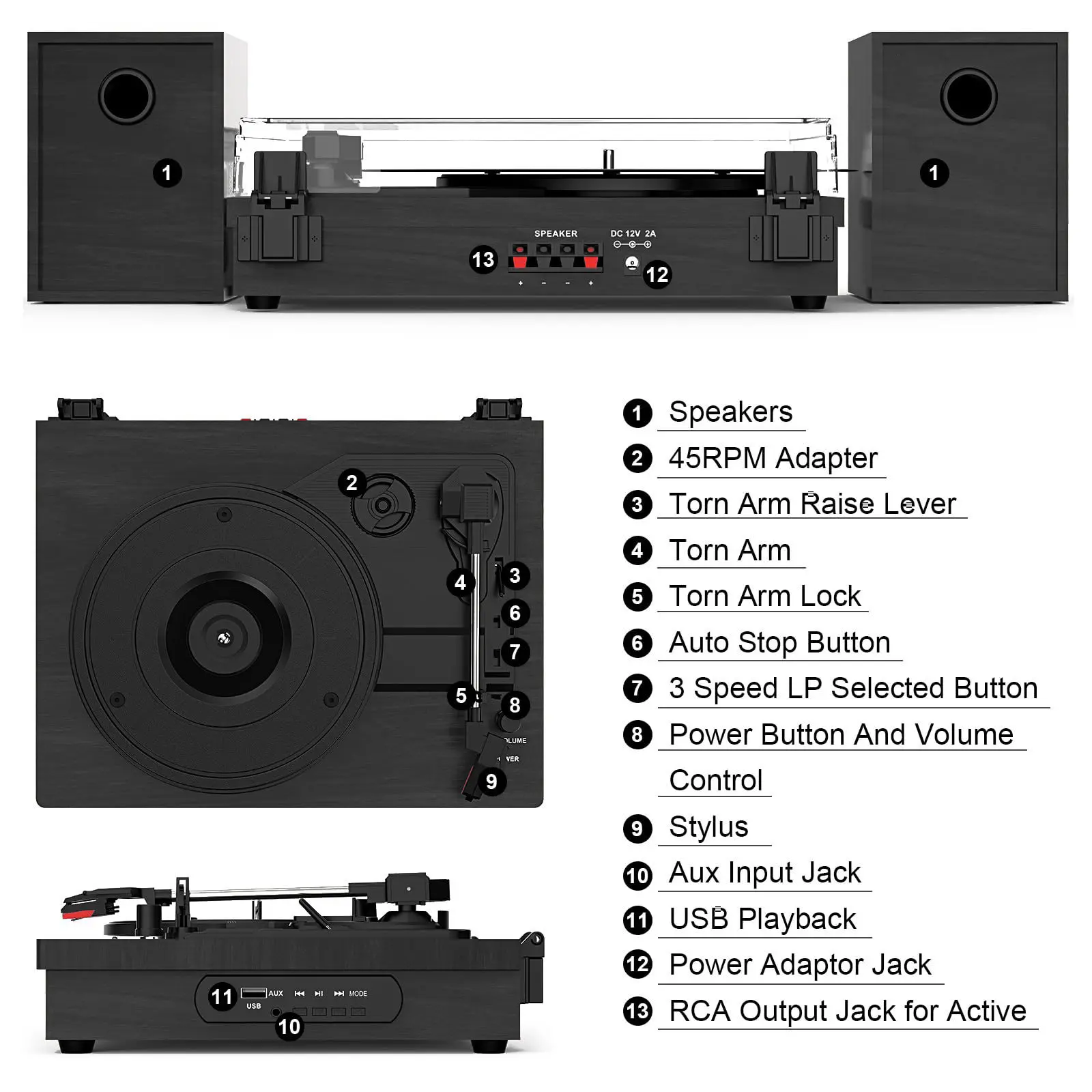 Black Retro Vinyl Record Player External Stereo Speakers Bluetooth, USB & AUX Input - Image 5