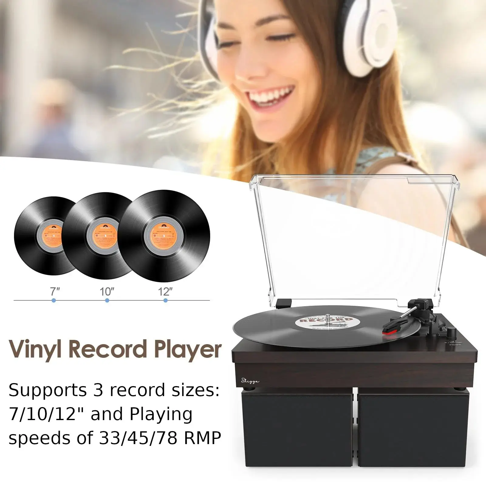 Black Retro Vinyl Record Player External Stereo Speakers Bluetooth, USB & AUX Input - Image 6