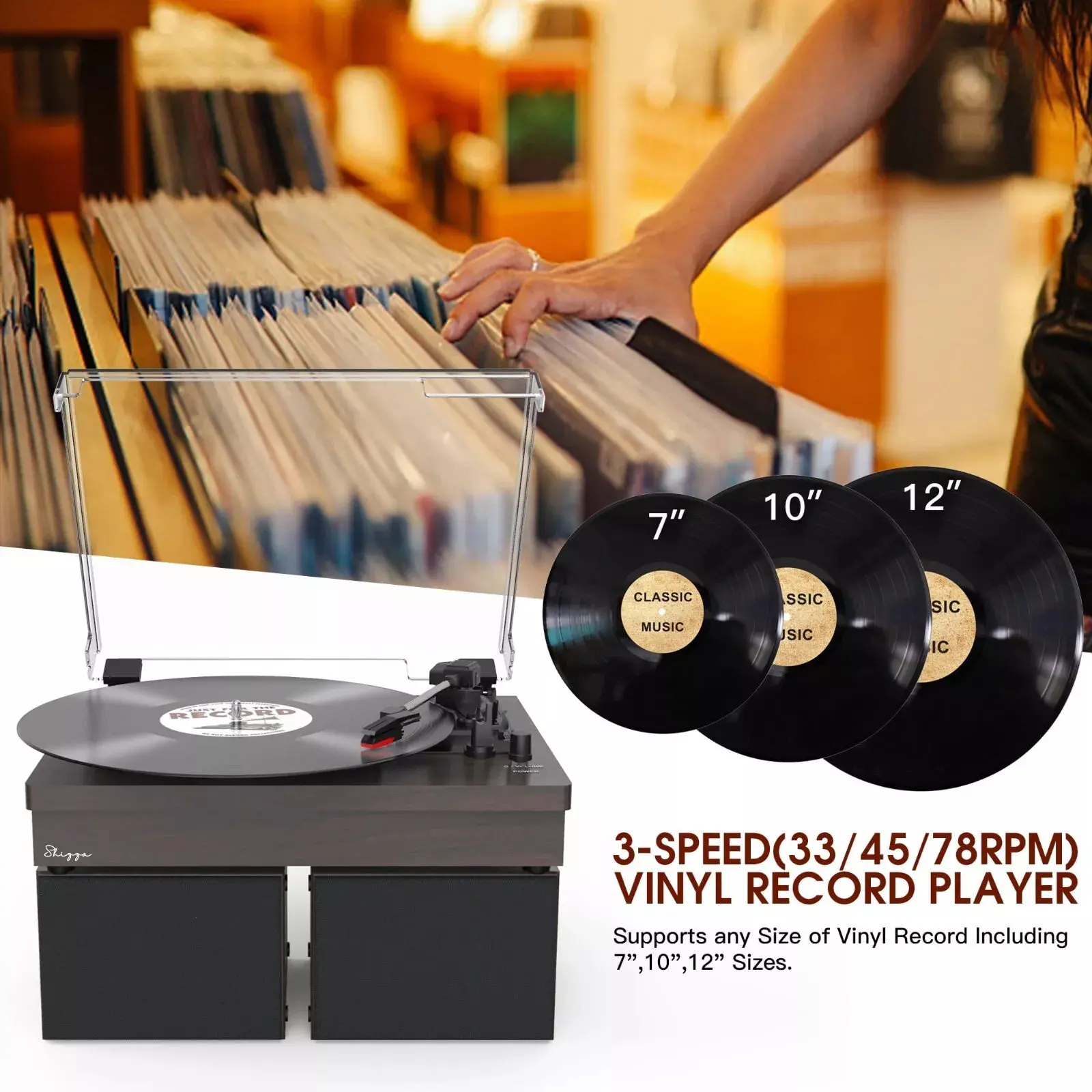 Black Retro Vinyl Record Player External Stereo Speakers Bluetooth, USB & AUX Input - Image 7