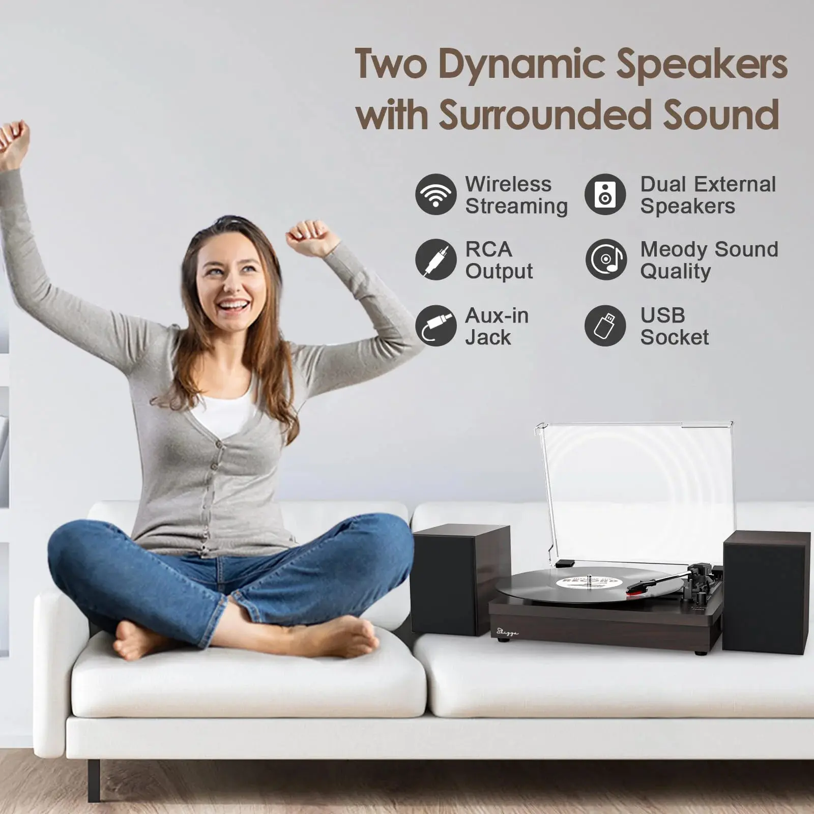 Black Retro Vinyl Record Player External Stereo Speakers Bluetooth, USB & AUX Input - Image 8