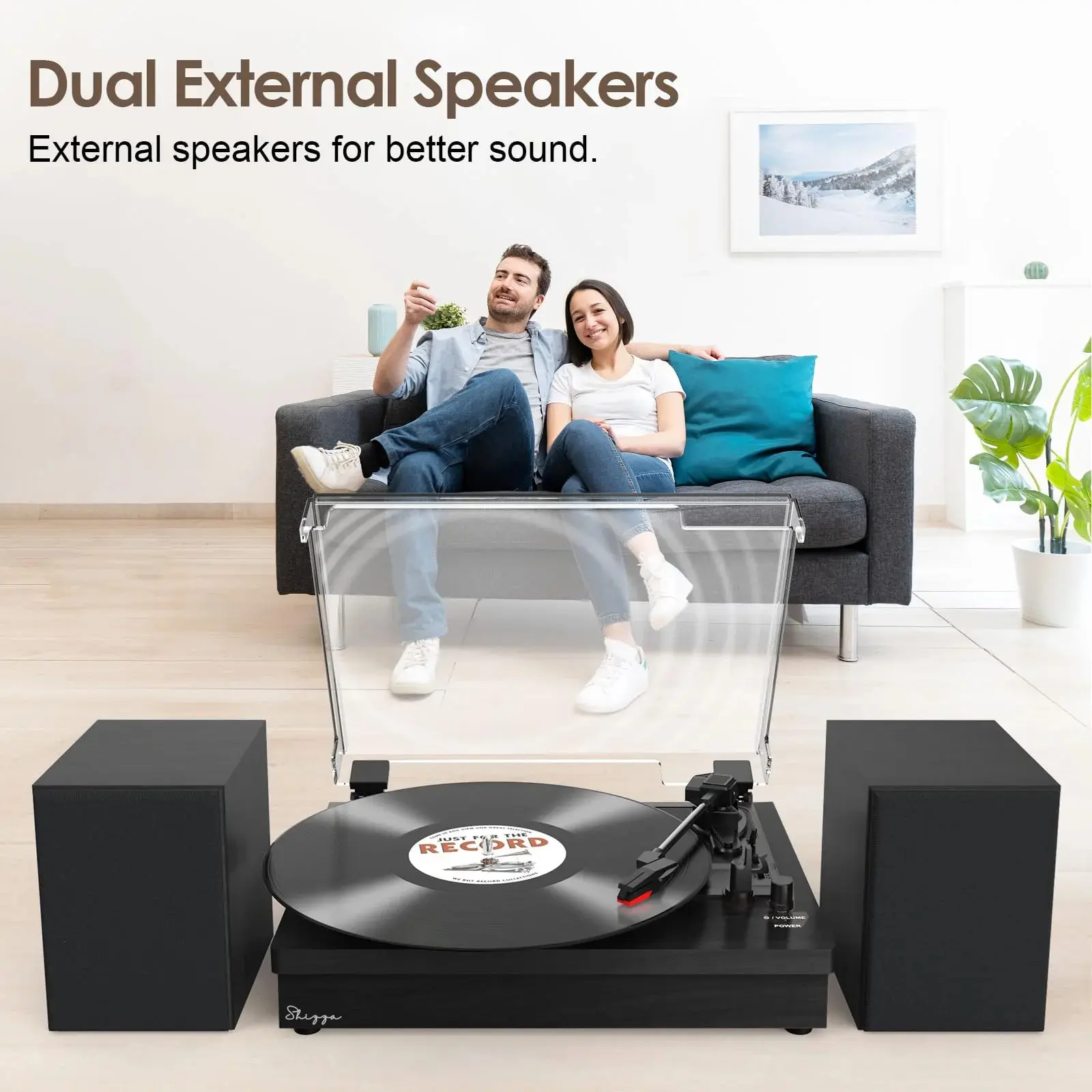 Black Retro Vinyl Record Player External Stereo Speakers Bluetooth, USB & AUX Input - Image 9