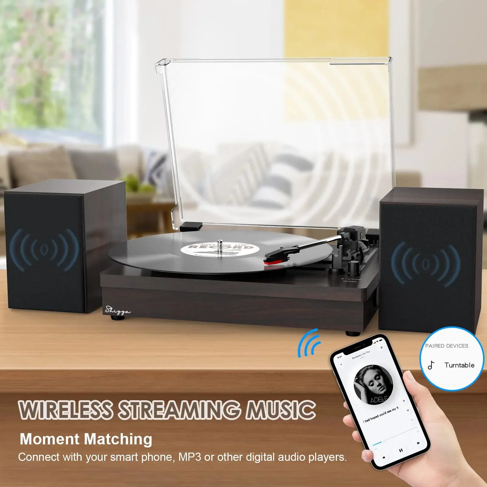 Black Retro Vinyl Record Player External Stereo Speakers Bluetooth, USB & AUX Input - Image 10