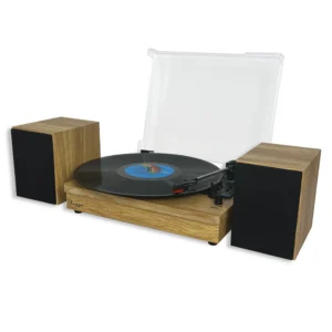 Oak Retro Vinyl Record Player External Stereo Speakers Bluetooth, USB & AUX Input