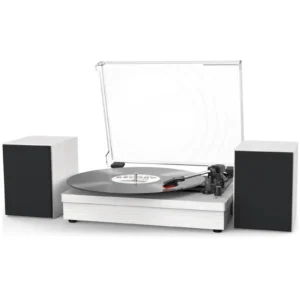 White Retro Vinyl Record Player External Stereo Speakers Bluetooth, USB & AUX Input