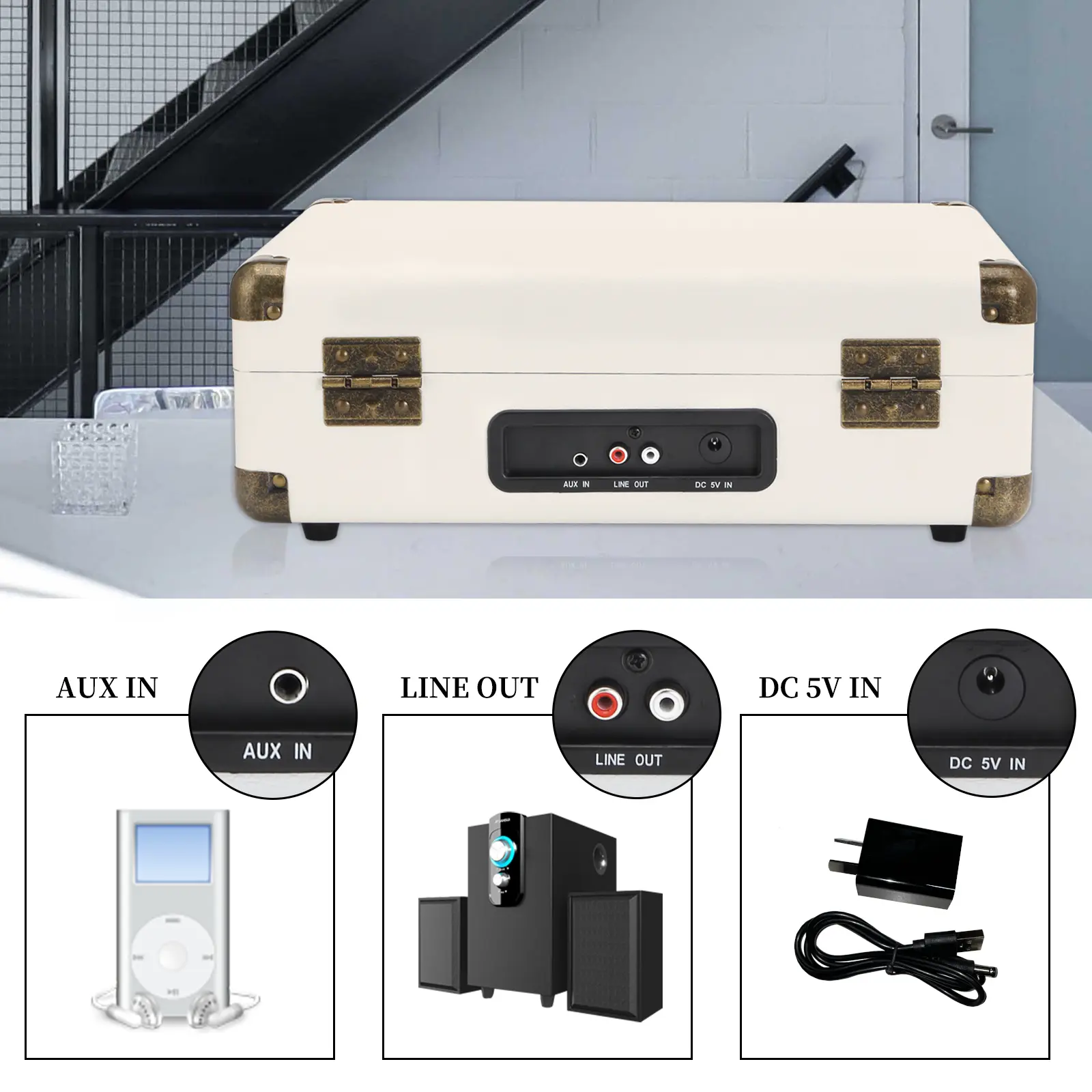 Light Cream Suitcase-Style Record Player with Bluetooth and Built-in Battery - Image 2