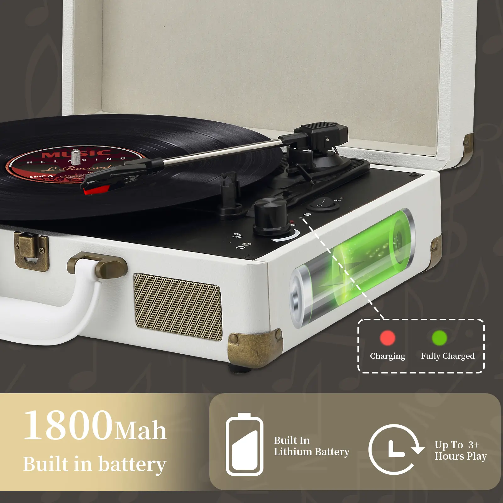 Light Cream Suitcase-Style Record Player with Bluetooth and Built-in Battery - Image 4