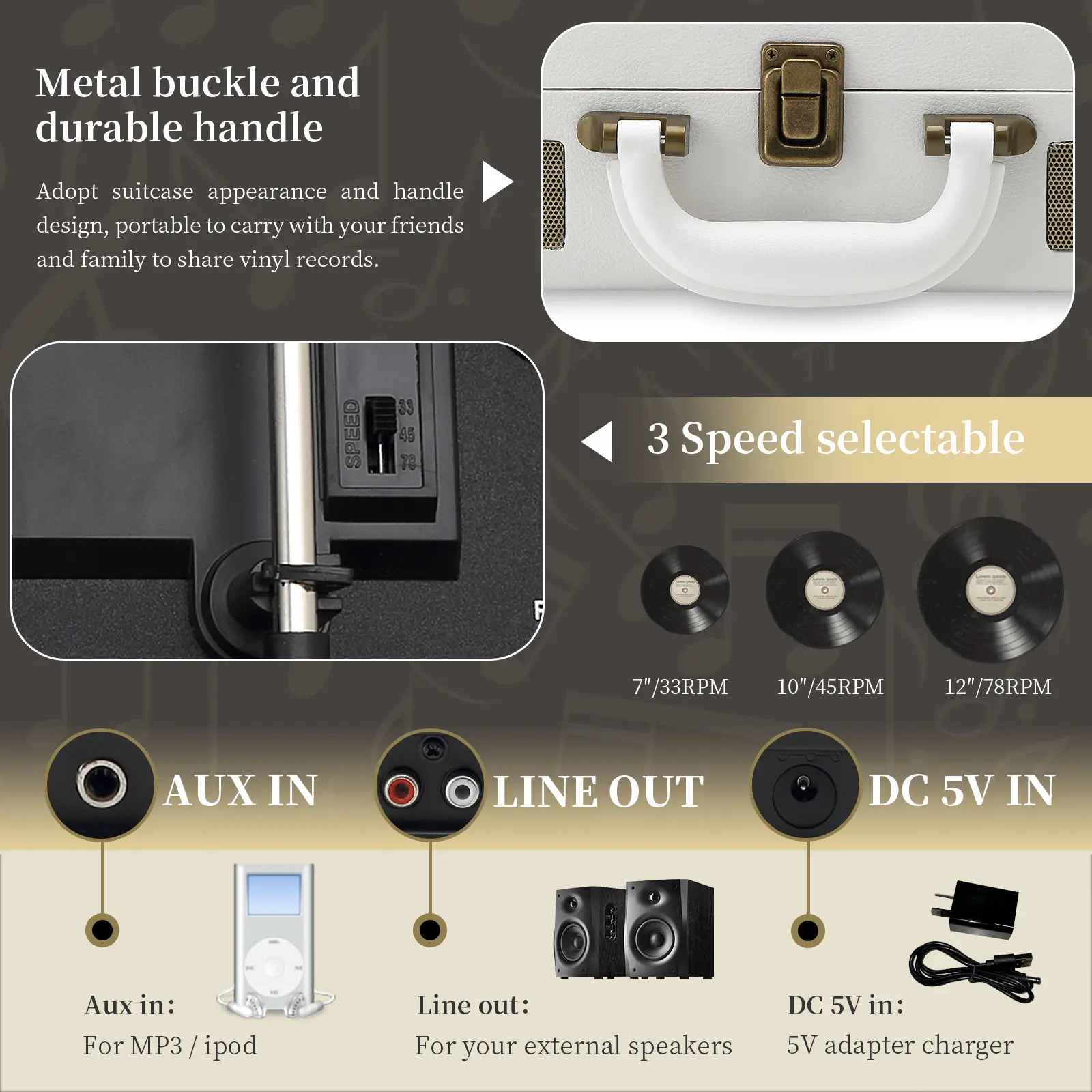 Light Cream Suitcase-Style Record Player with Bluetooth and Built-in Battery - Image 6