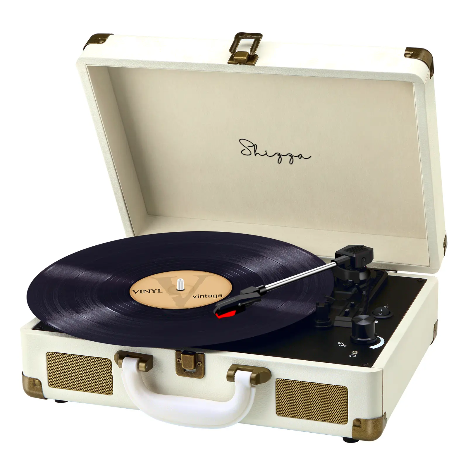 Light Cream Suitcase-Style Record Player with Bluetooth and Built-in Battery