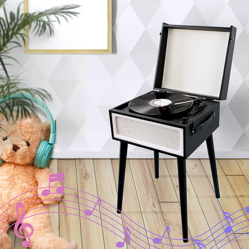 Black Vintage-Style Record Player with Legs and Built-in Speakers, Bluetooth, USB and AUX - Image 3