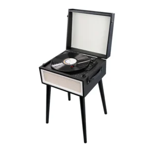 Black Vintage-Style Record Player with Legs and Built-in Speakers, Bluetooth, USB and AUX