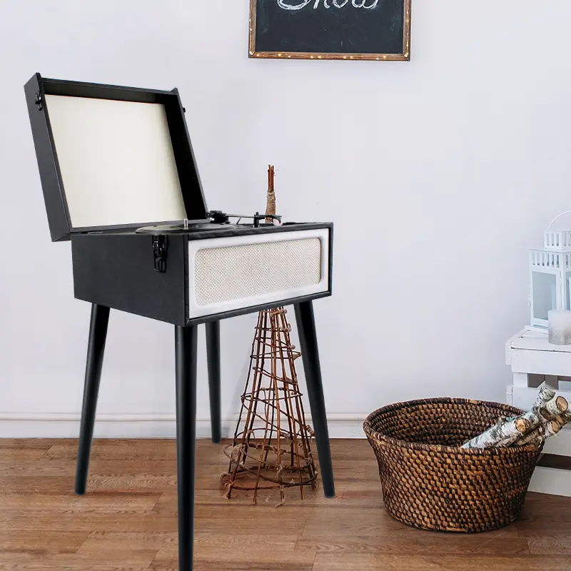 Black Vintage-Style Record Player with Legs and Built-in Speakers, Bluetooth, USB and AUX - Image 10