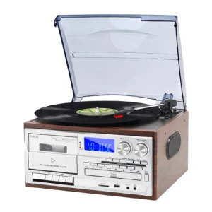 All-in-one Sound System with Record Player Turntable, CD, Cassette Player, Bluetooth, USB in Walnut Wood Grain