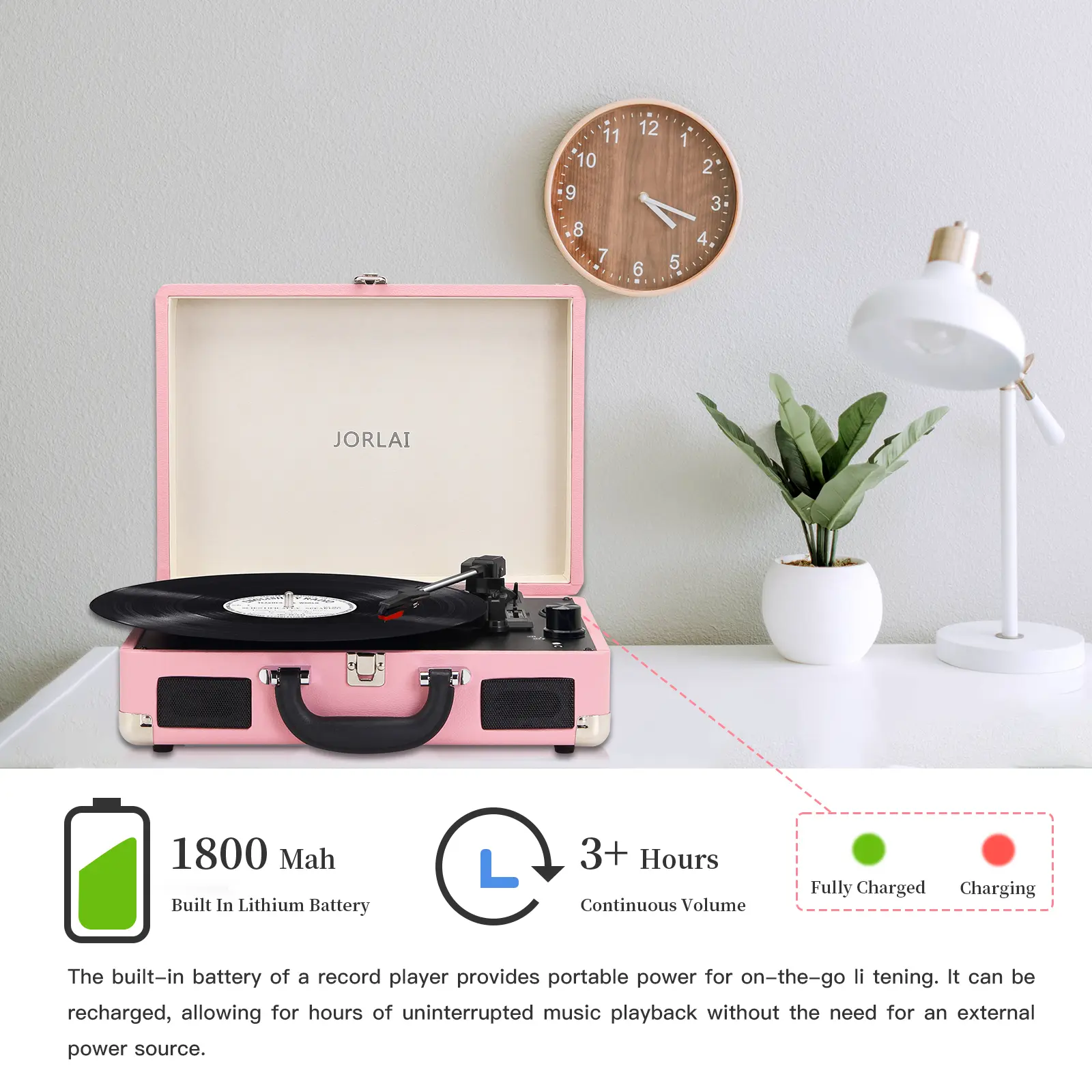 Pink Suitcase-Style Record Player with Bluetooth and Built-in Battery - Image 4