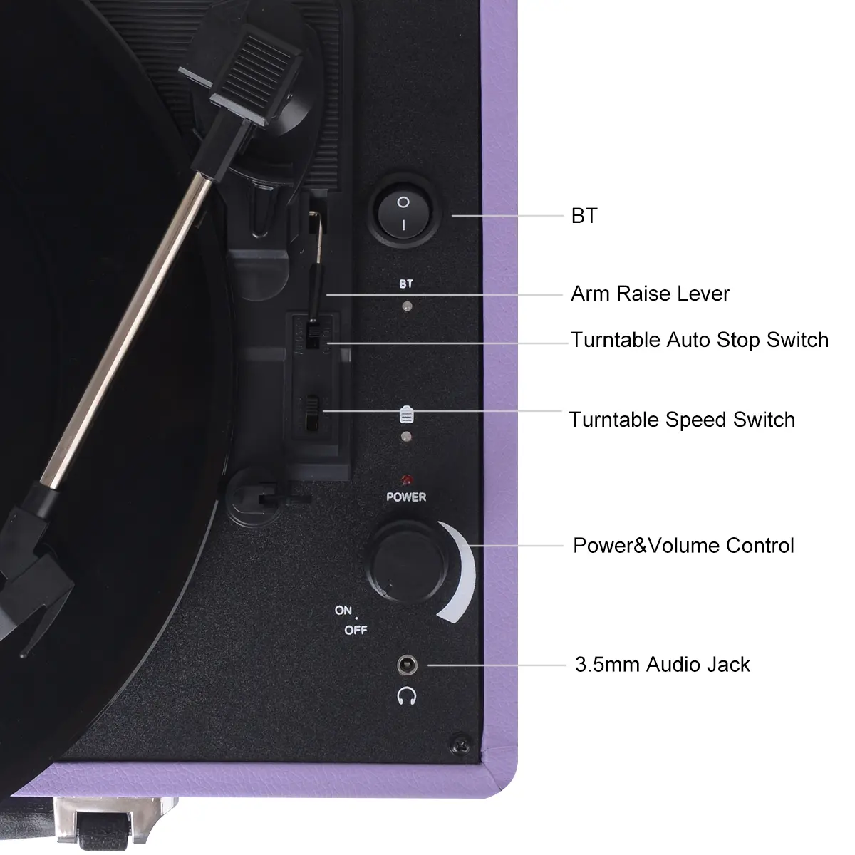 Purple Suitcase-Style Record Player with Bluetooth and Built-in Battery - Image 2