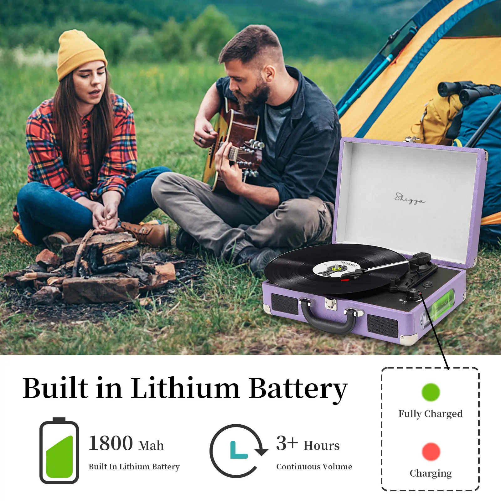 Purple Suitcase-Style Record Player with Bluetooth and Built-in Battery - Image 3