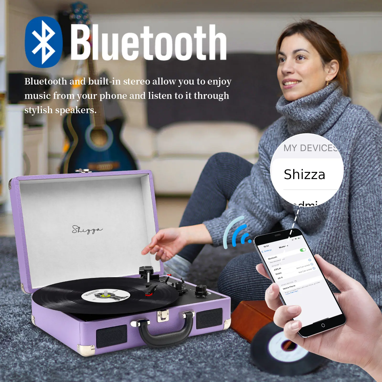 Purple Suitcase-Style Record Player with Bluetooth and Built-in Battery - Image 4