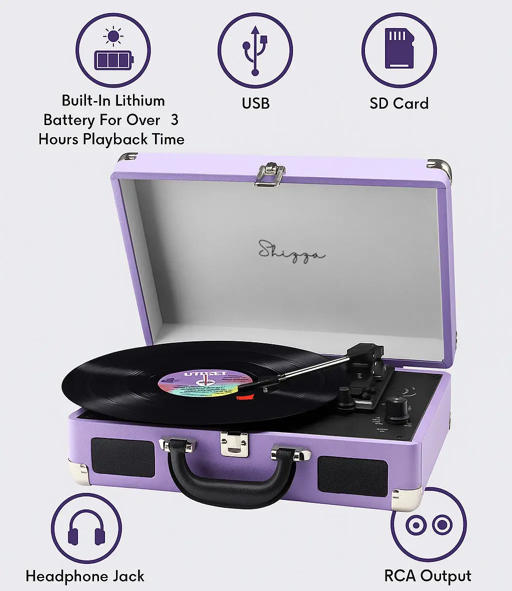 Purple Suitcase-Style Record Player with Bluetooth and Built-in Battery - Image 5