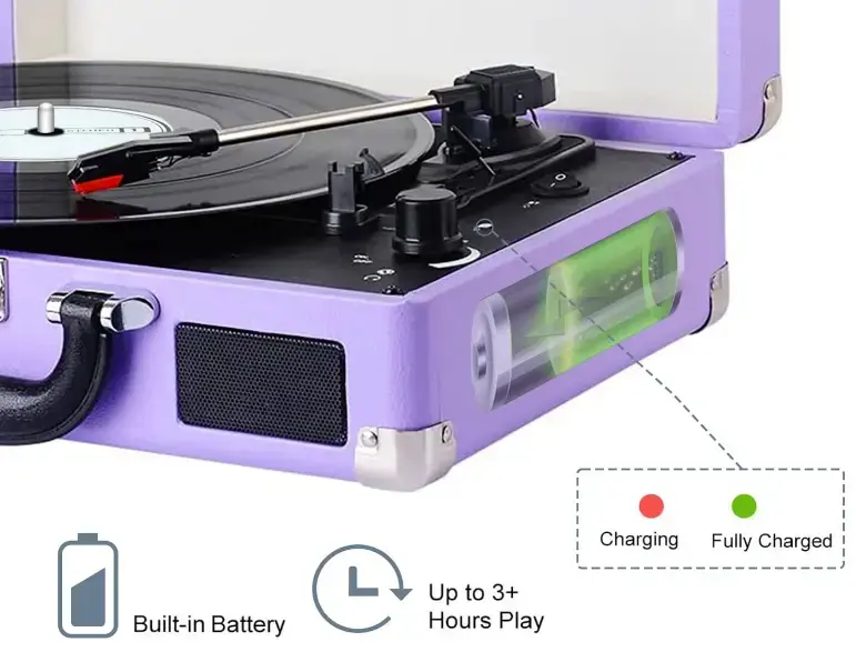 Purple Suitcase-Style Record Player with Bluetooth and Built-in Battery - Image 6