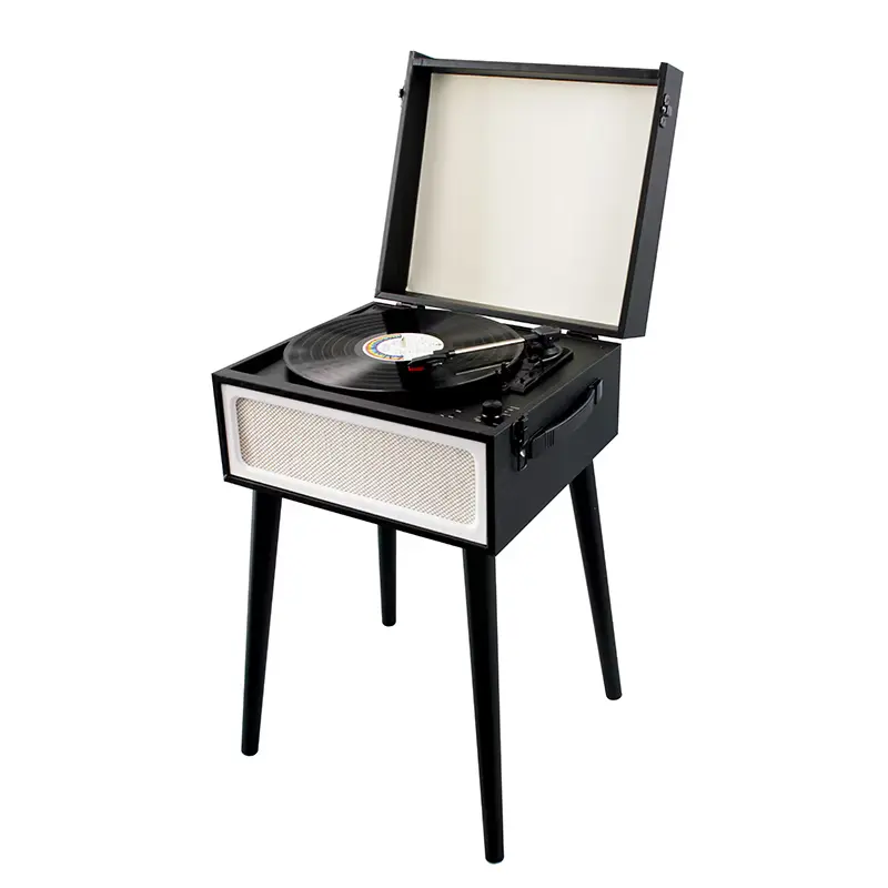 Black Vintage-Style Record Player with Legs and Built-in Speakers, Bluetooth, USB and AUX - Image 2