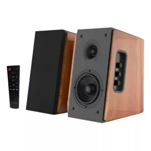 80W RMS Powered Bluetooth Bookshelf Speakers – Retro Wood Grain Active Studio Monitors with HDMI ARC, Optical & Subwoofer Out – DSP Enhanced Stereo System for TV, Turntable & Home Office
