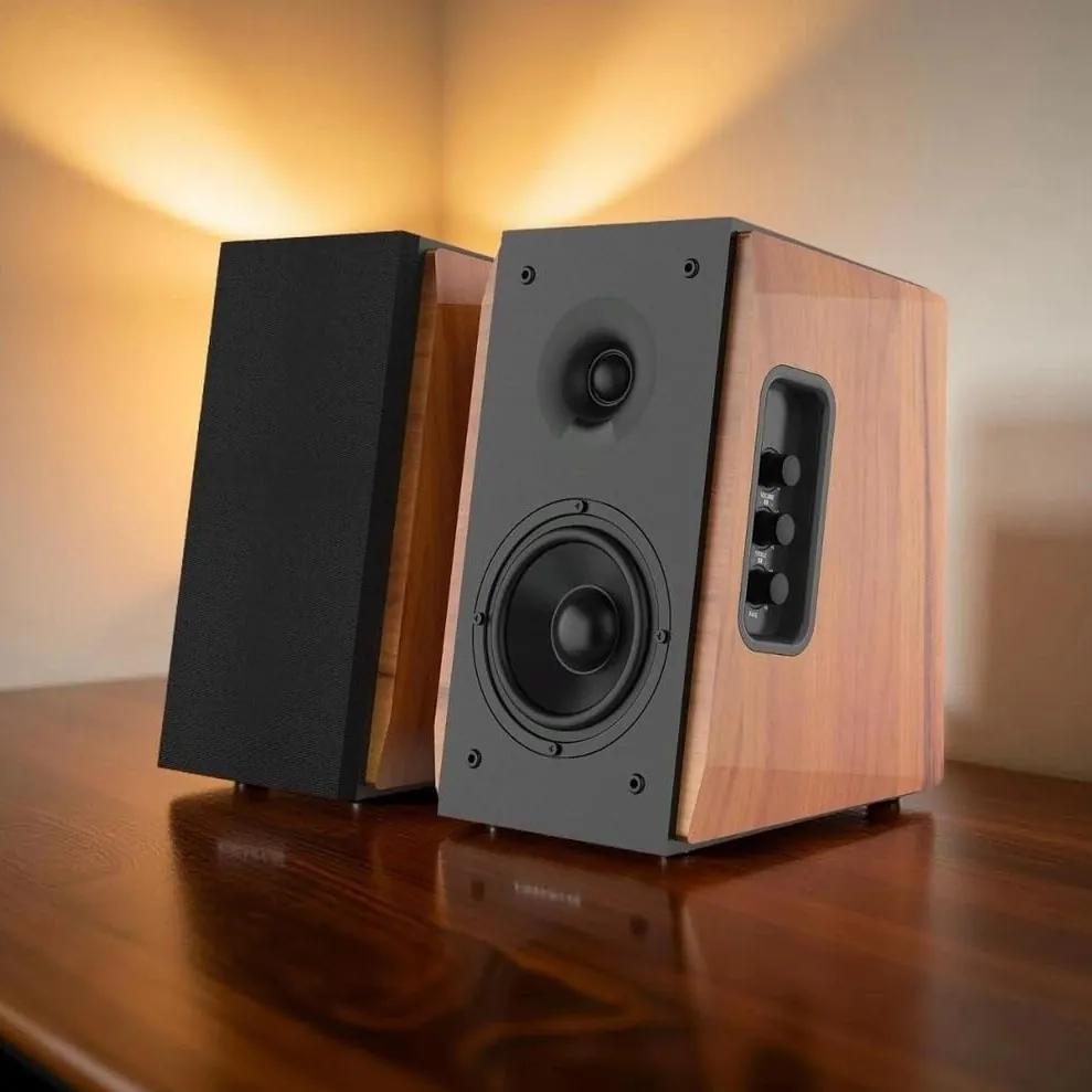 80W RMS Powered Bluetooth Bookshelf Speakers – Retro Wood Grain Active Studio Monitors with HDMI ARC, Optical & Subwoofer Out – DSP Enhanced Stereo System for TV, Turntable & Home Office - Image 3