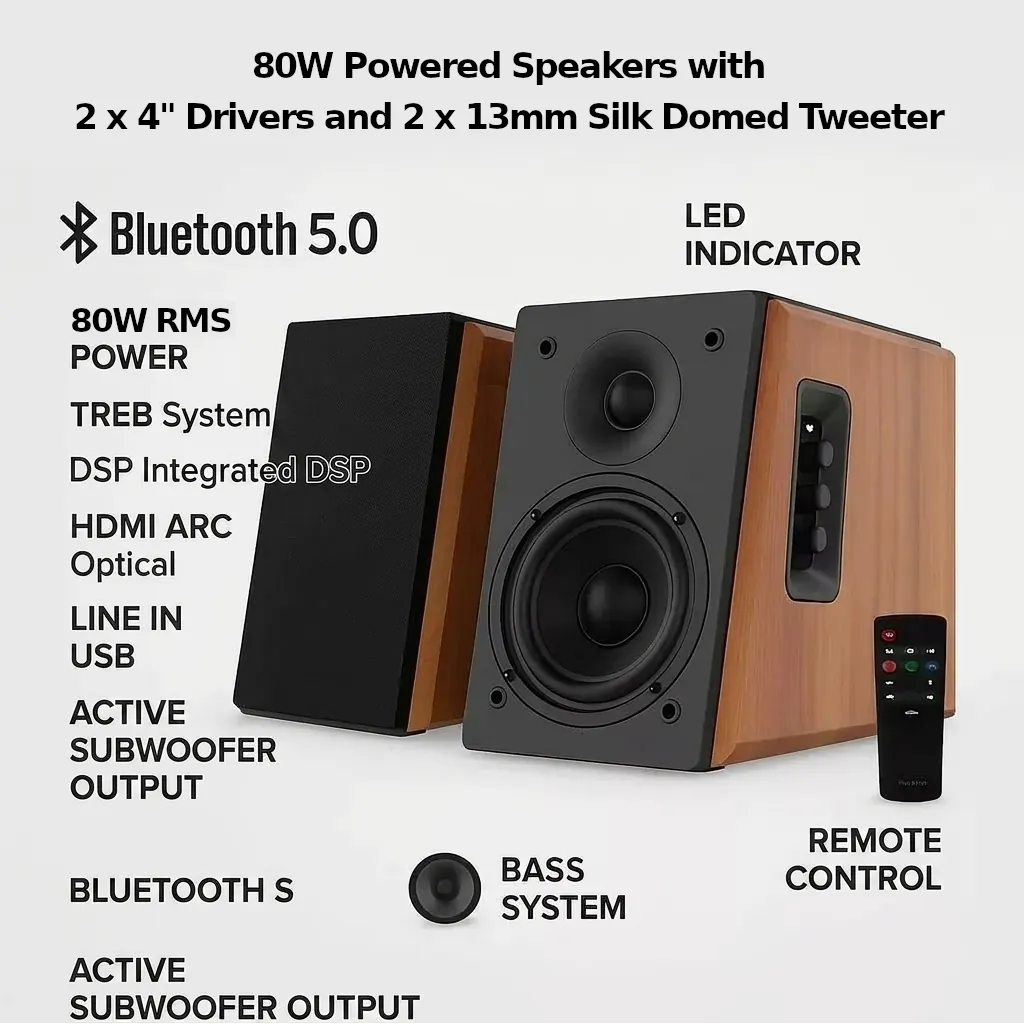 80W RMS Powered Bluetooth Bookshelf Speakers – Retro Wood Grain Active Studio Monitors with HDMI ARC, Optical & Subwoofer Out – DSP Enhanced Stereo System for TV, Turntable & Home Office - Image 4