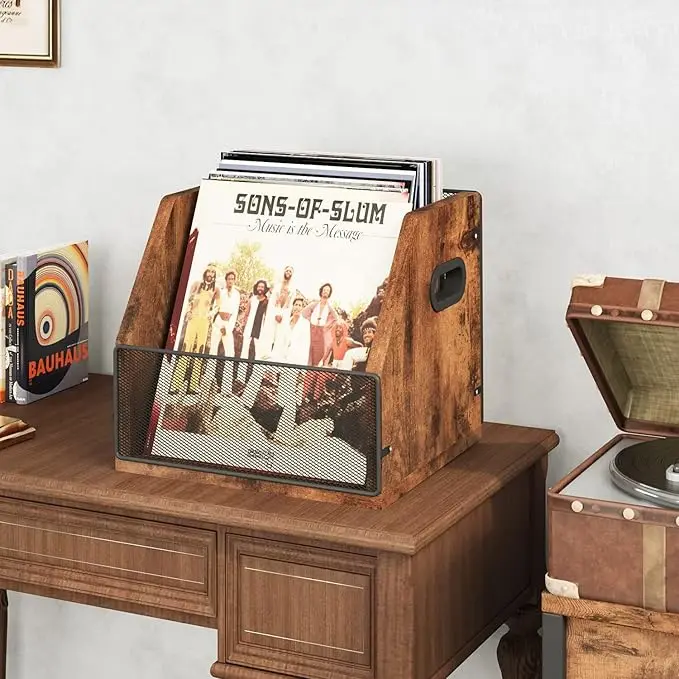 Vinyl Record Crate in Metal and Wood suits 80+ Vinyl LP Record Albums Storage Display Case and Record Holder - Image 2