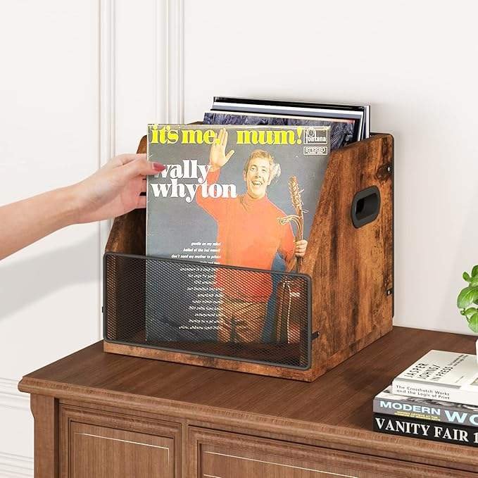 Vinyl Record Crate in Metal and Wood suits 80+ Vinyl LP Record Albums Storage Display Case and Record Holder - Image 5