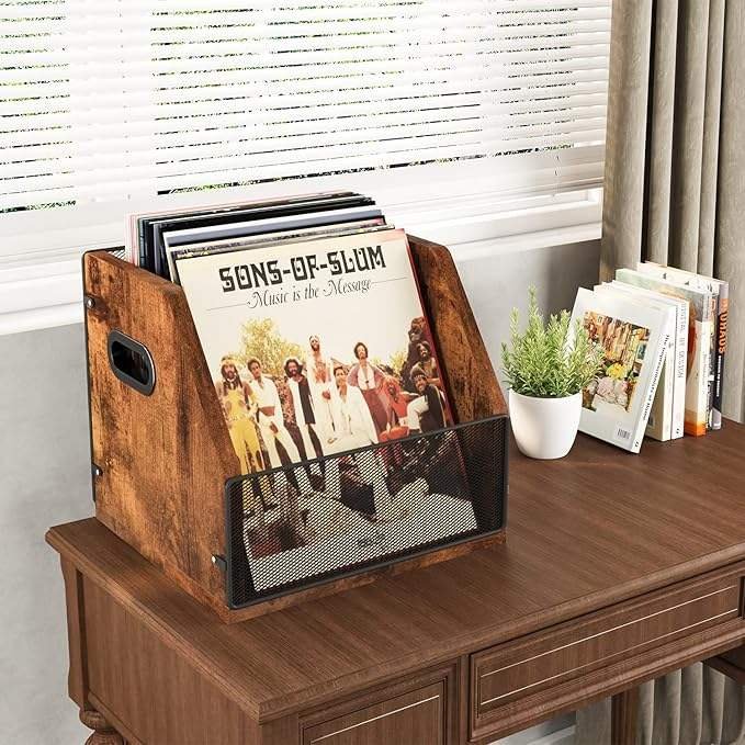 Vinyl Record Crate in Metal and Wood suits 80+ Vinyl LP Record Albums Storage Display Case and Record Holder - Image 3