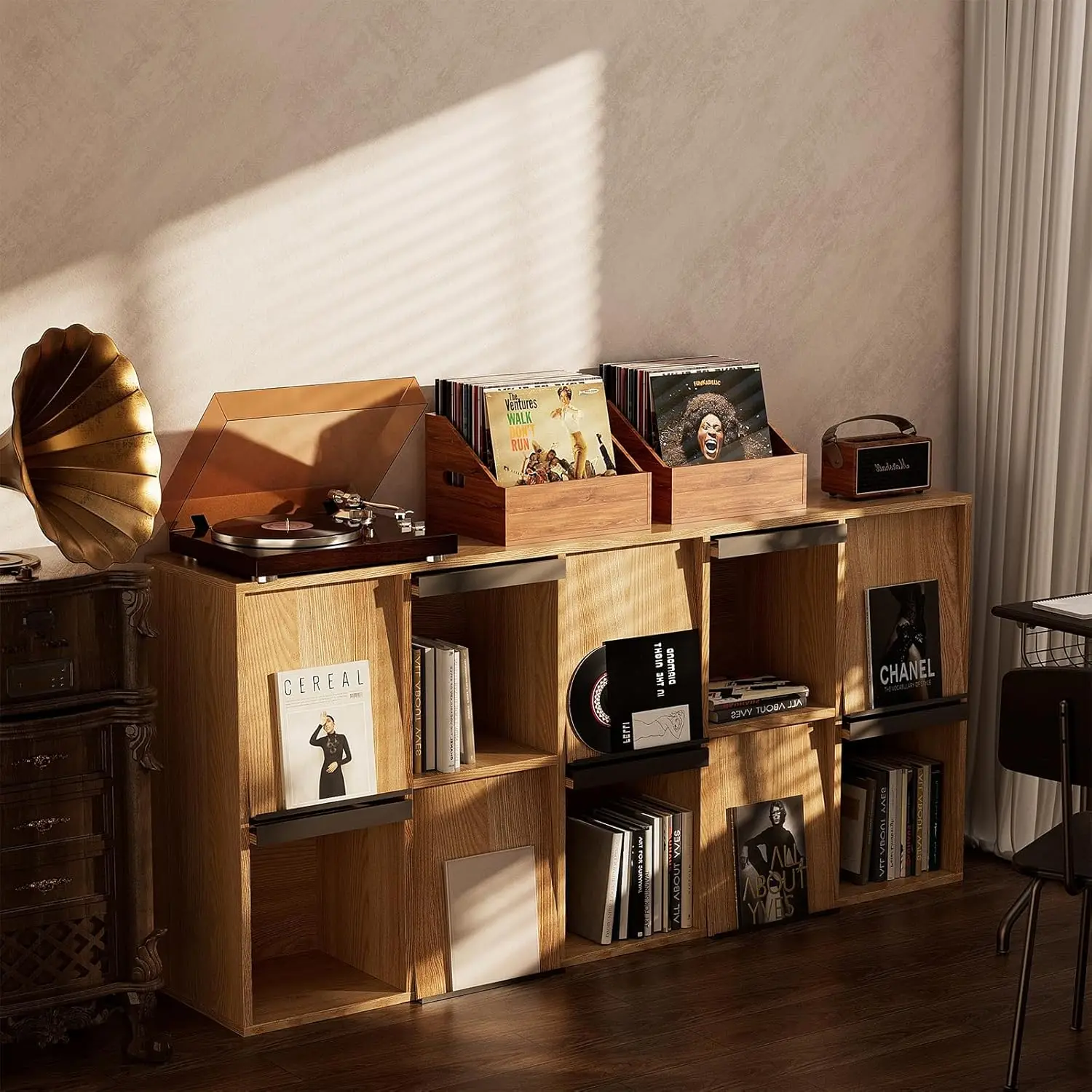 Retro Wood Vinyl Record Storage Crate Album Case Box for 80+ Record Collection Display Case - Image 2