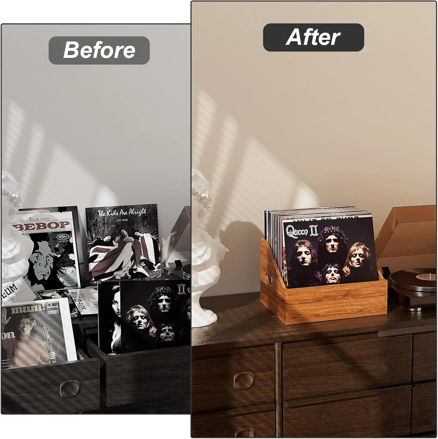 Retro Wood Vinyl Record Storage Crate Album Case Box for 80+ Record Collection Display Case - Image 3