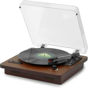 Walnut Wood Grain Vinyl Record player turntable with lid open - usb, bluetooth, built-in speakers SKU:RPL030WNT